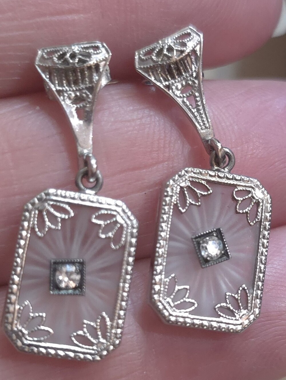 14K WHITE GOLD ANTIQUE ART DECO CAMPHOR SUNBURST DIAMOND EARRINGS 3.0 GRAMS